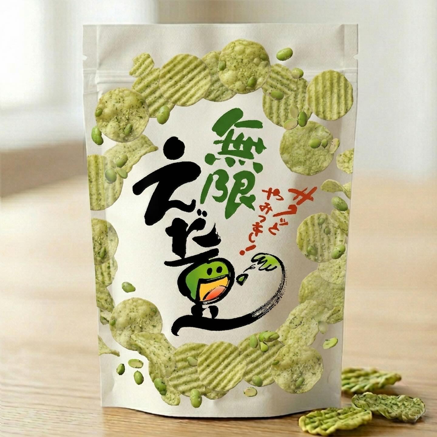 【今月のデザイン書】

4月課題「 サクッとやみつき！　無限えだ豆」

サクサク軽い食感でやめられない止まらない美味しさ！
生地に枝豆を練り込んだ、袋入りのスナック菓子の商品ロゴとして創作してみました。

作家名: 太田 さやか

〈コメント 〉
豆の文字を擬人化させることで、思わず手に取りたくなるような楽しいロゴデザインにしてみました♪

#fukuokaデザイン書作会 #デザイン書道 #筆文字 #筆文字デザイン  #ロゴデザイン