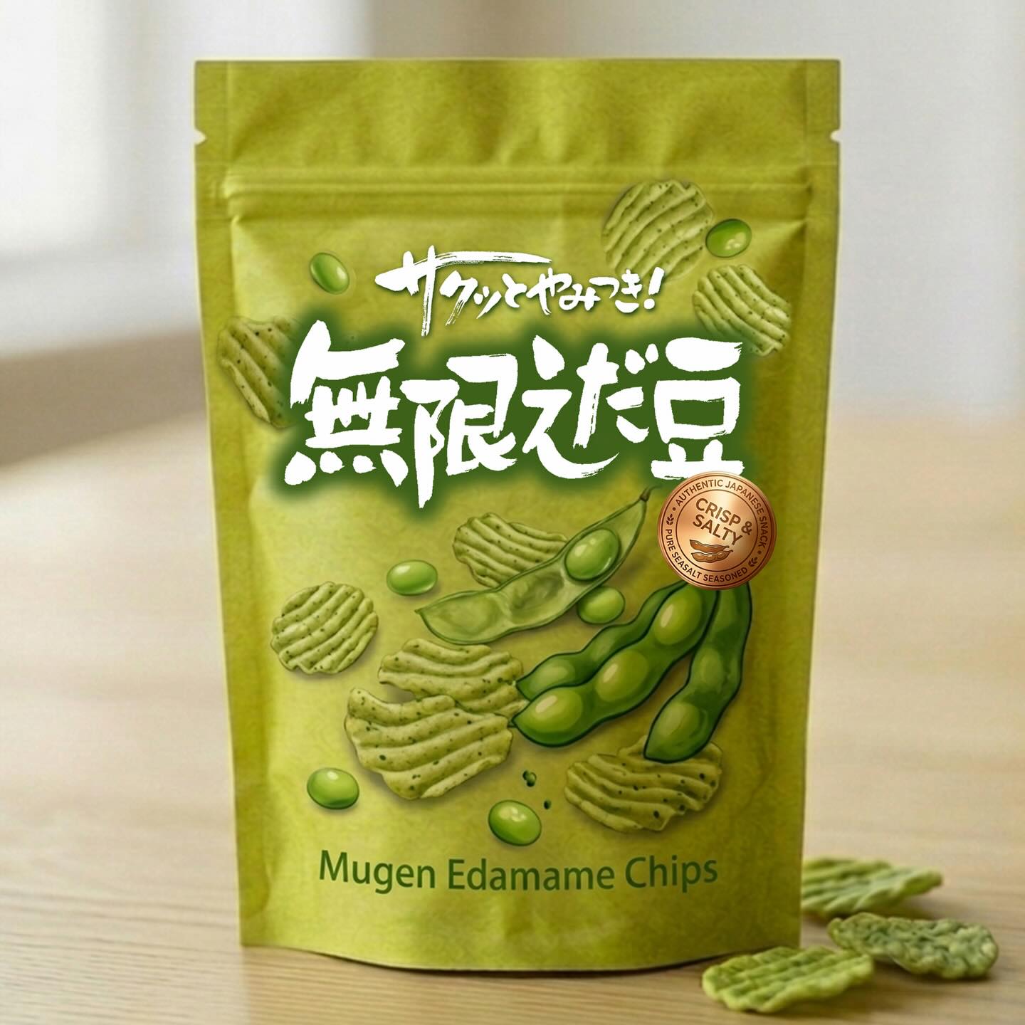 【今月のデザイン書】

4月課題「 サクッとやみつき！　無限えだ豆」

サクサク軽い食感でやめられない止まらない美味しさ！
生地に枝豆を練り込んだ、袋入りのスナック菓子の商品ロゴとして創作してみました。

作家名: 堺 富美子

〈コメント 〉
サクッとした感じを強調してデザインしました。

#fukuokaデザイン書作会 #デザイン書道 #筆文字 #筆文字デザイン  #ロゴデザイン